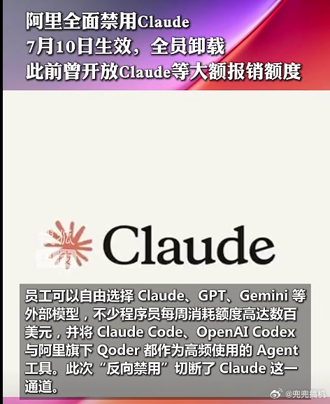 曝阿里禁用Claude，7月10号之前全员必须卸载。直接导火索是Anthropi