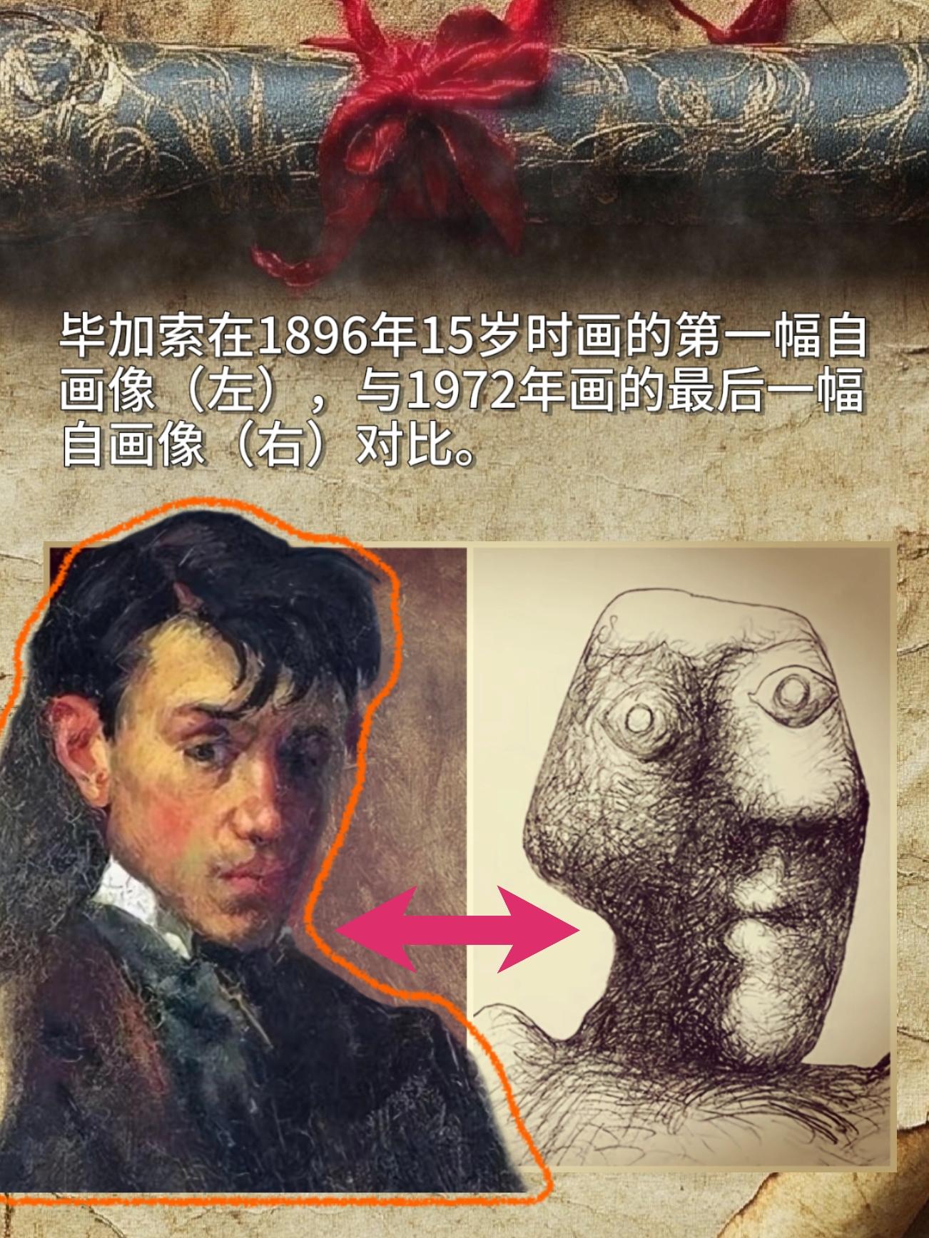 毕加索在1896年15岁时画的第一幅自画像（左），与1972年画的最后...