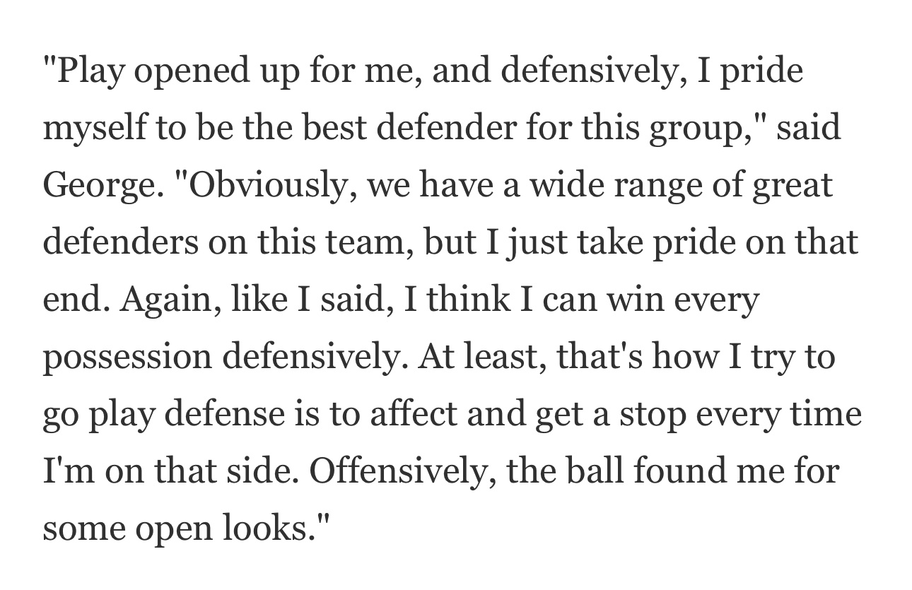 保罗·乔治赛后接受采访时，谈及今日比赛自己在防守端的表现——“比赛对我来说变得更