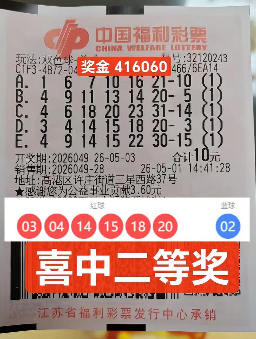 10元机选喜中41万！江苏彩友一号之差憾失694万大奖。

2026049期双色