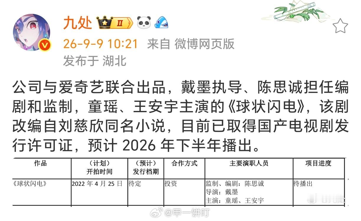 戴墨执导、陈思诚担任编剧和监制，童瑶、王安宇主演的《球状闪电》，该剧改编自刘慈欣
