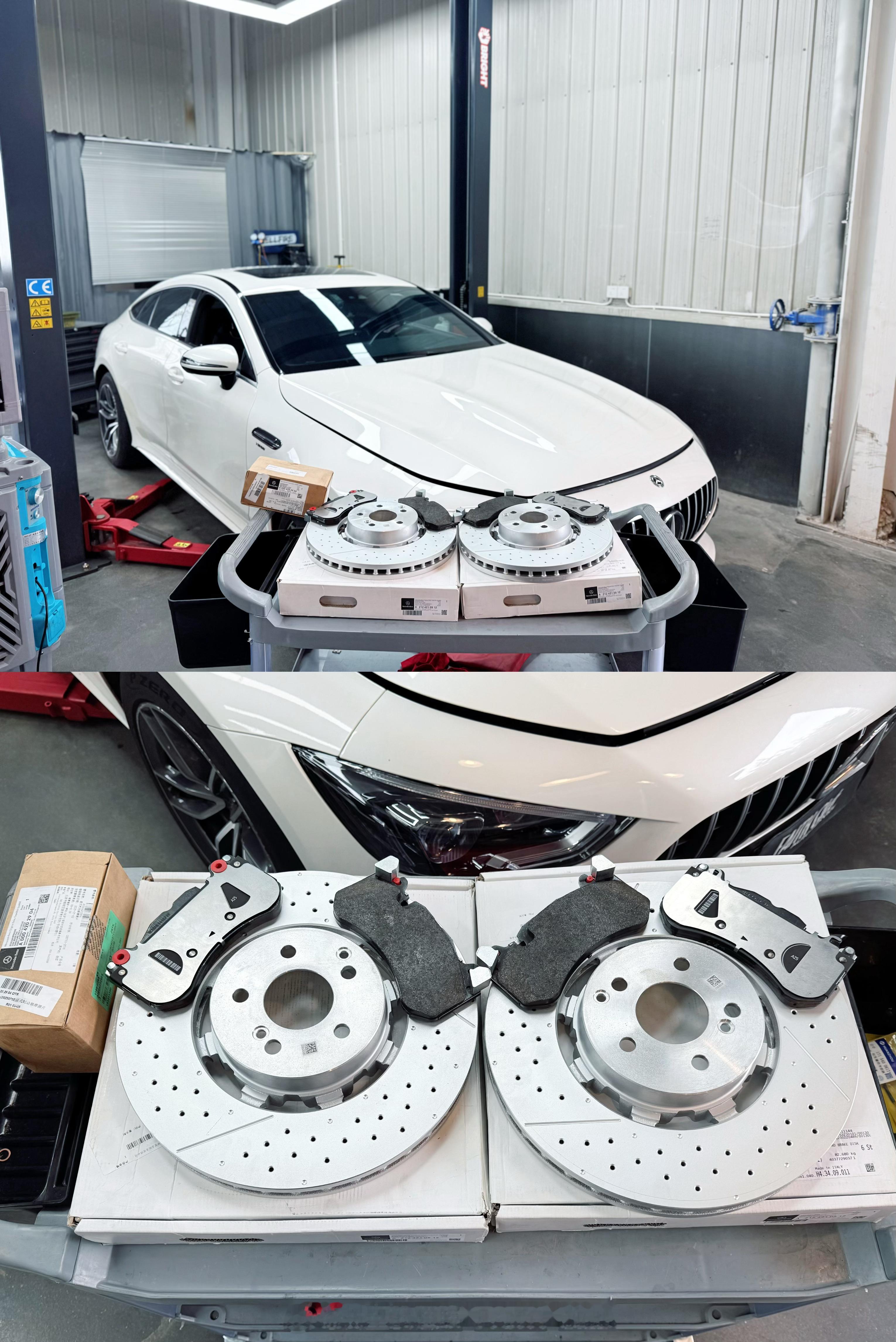 奔驰GT50刹车养护：原厂由Brembo代工，一并更换刹车片/盘/油，新款盘一定