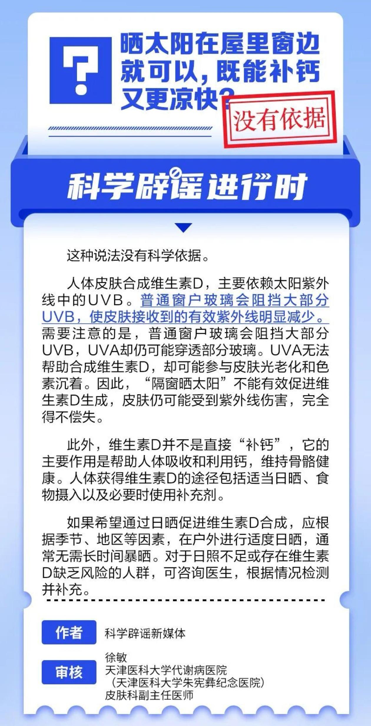 窗边晒太阳就能补钙？辟谣：隔着玻璃晒基本没用

玻璃阻隔UVB，无法合成维生素D