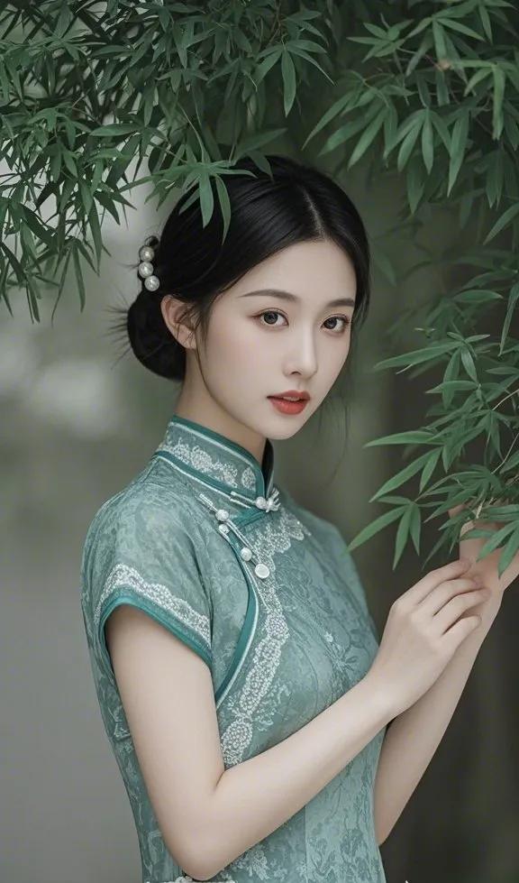 古典优雅，竹林仙子，一袭青衣，恬静如画。国风旗袍美女、 温婉的佳人 古韵美女， 