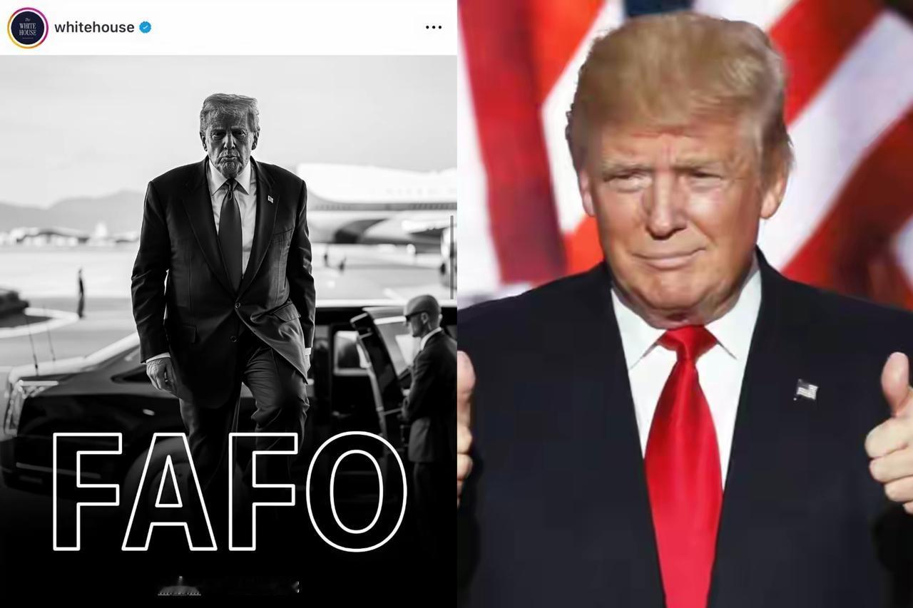 特朗普本人常用“FAFO”彰显强人姿态，如今白宫官方账号反手一张黑白肖像配文“F