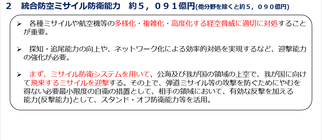 跟概算请求案相比，令和8年度防卫预算综合防空·导弹防御：5091亿（砍了83亿）