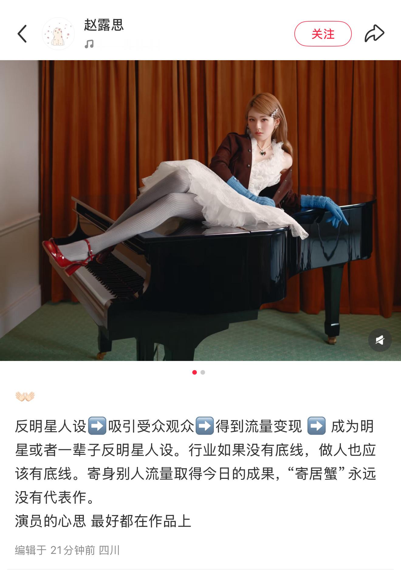 “演员的心思 最好都在作品上”赵露思在🍠发这段文案不脸红吗？自己讽刺自己……？