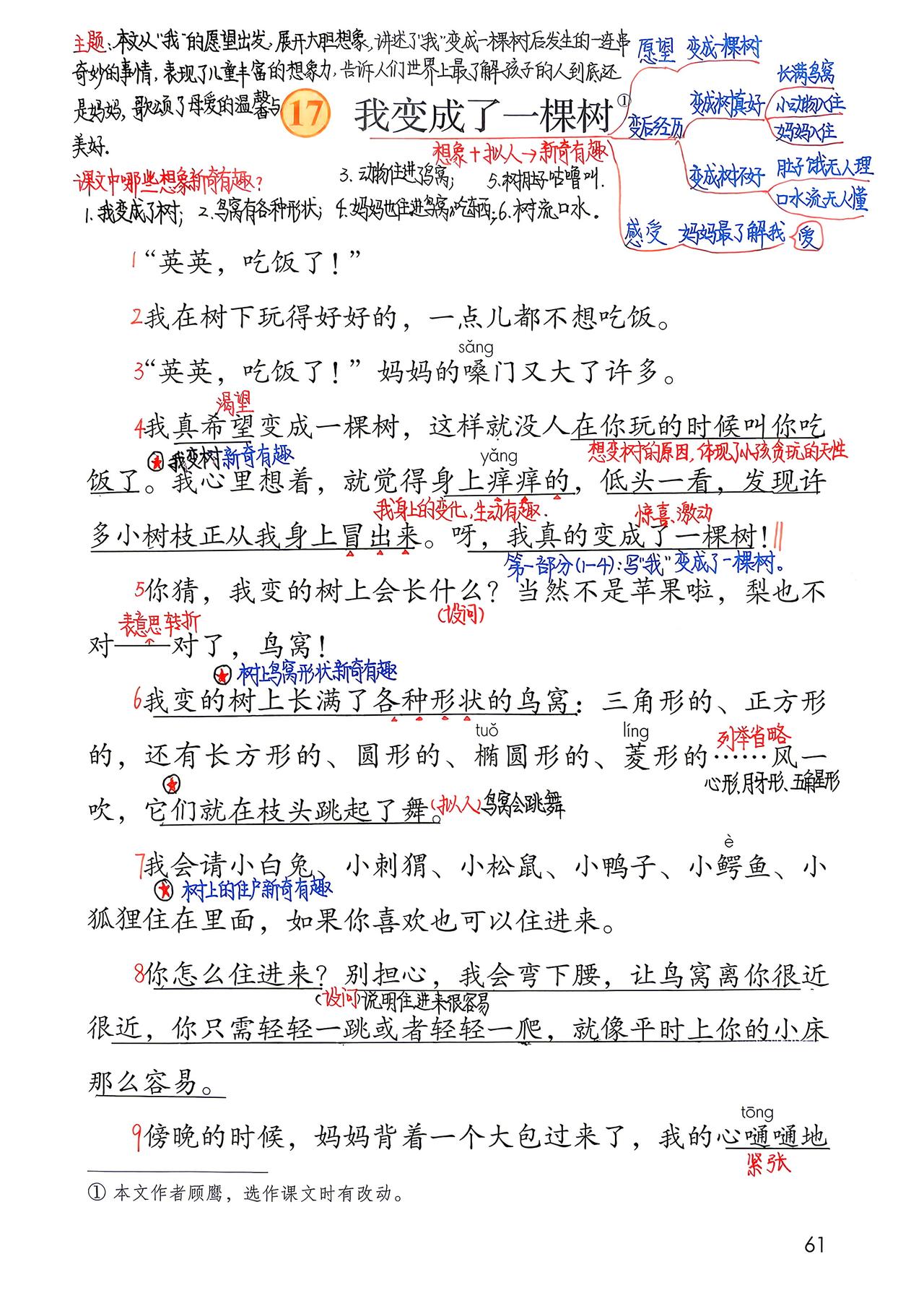 三年级下册语文，第五单元第17课《我变成了一棵树》课堂学习笔记，收藏备用