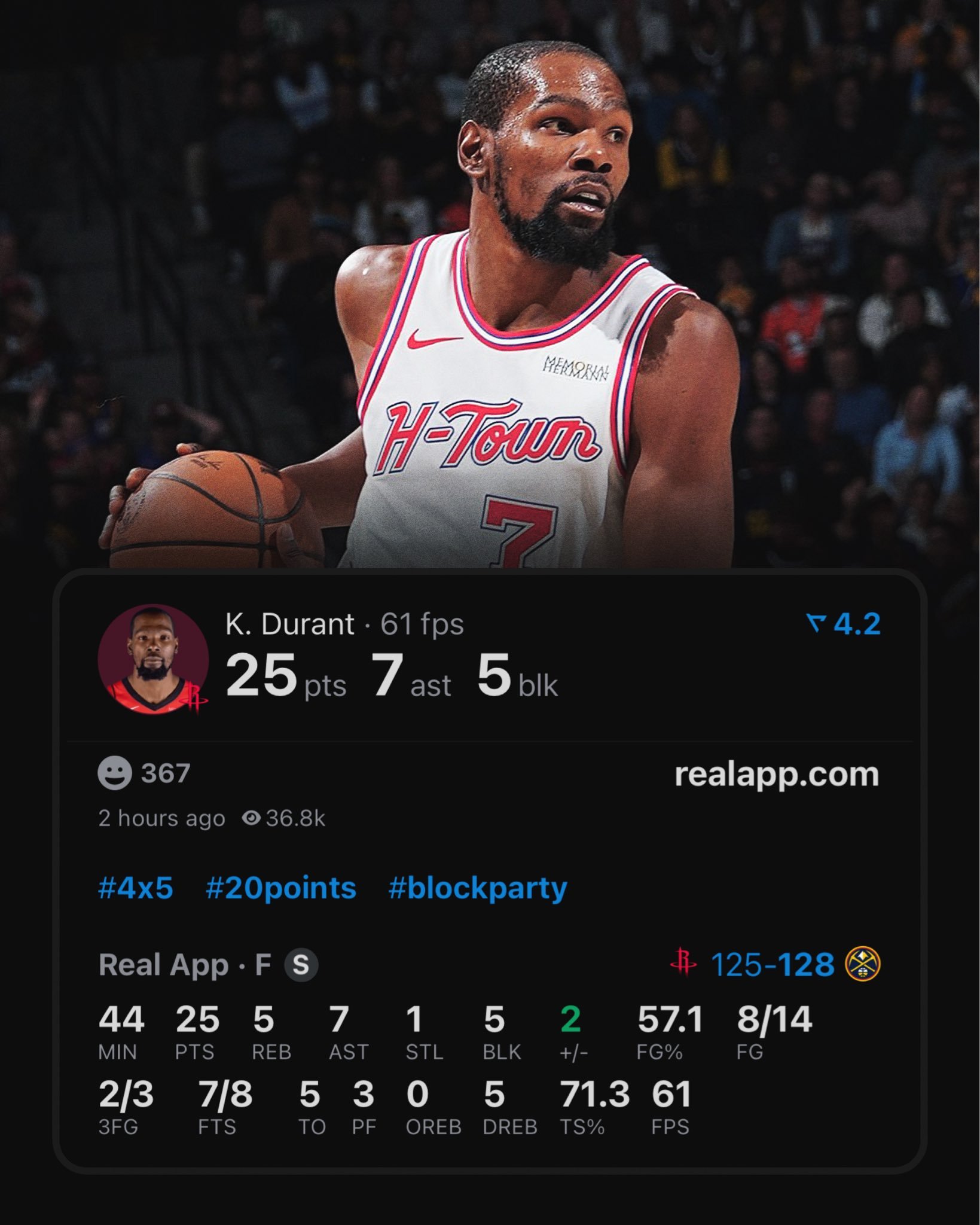 休斯顿火箭 杜兰特-我的评分：杜兰特出战44分钟，投篮14中8，三分球3中2，罚