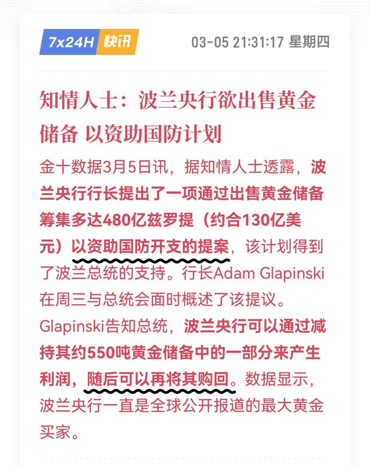 波兰要卖黄金？
2025年的全球买金冠军波兰明确表态，
出售部分黄金储备，目标筹