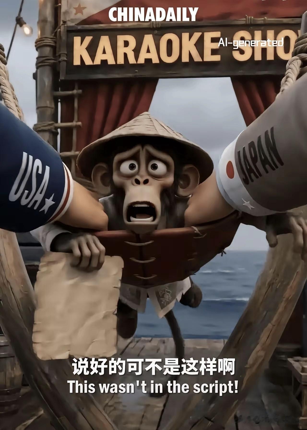 某媒体发布的AI短片蛮有意思，一只猴子被两个大手掐着，露出极为惊恐的表情。
两个