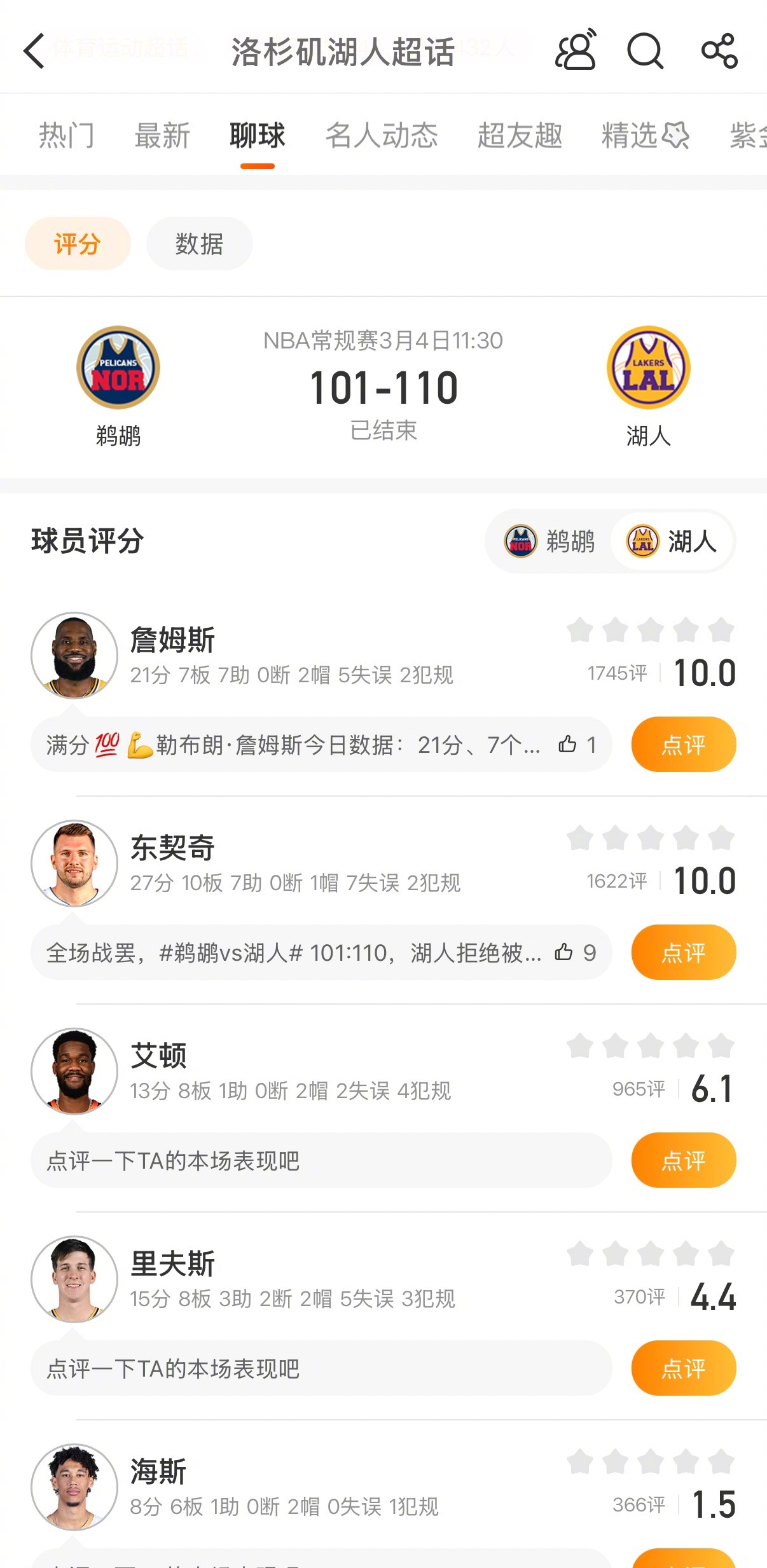 湖人四杀鹈鹕NBA常规赛，湖人主场110-101战胜鹈鹕。湖人方面，东契奇27分