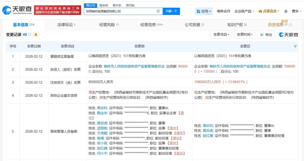 陕西榆林能源集团增资至108亿 增幅约14%

天眼查App显示，近日，陕西榆林