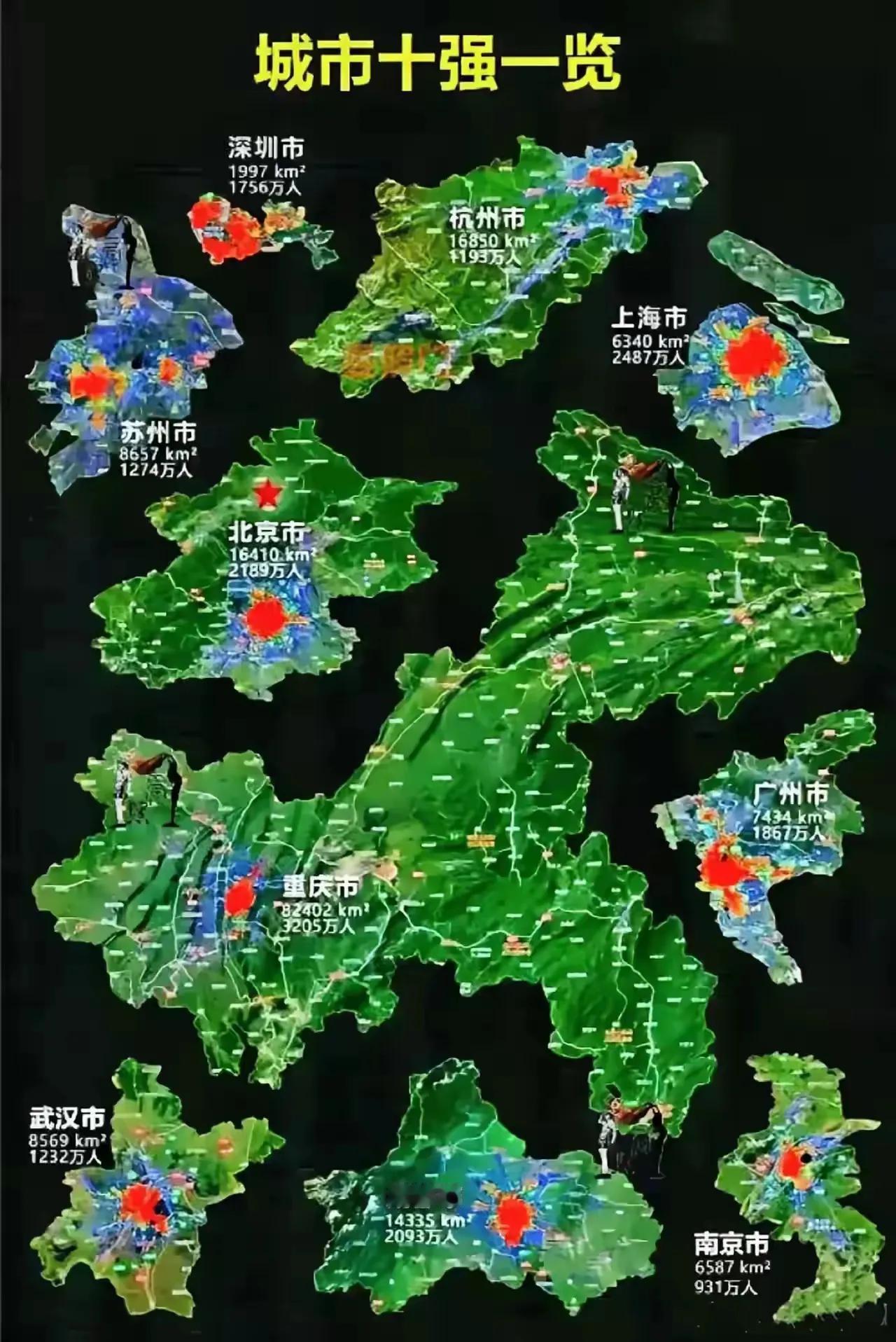 全国十强城市面积和人口地图一览，深圳最小，一个小渔村发展成今天特大城市，城市已无