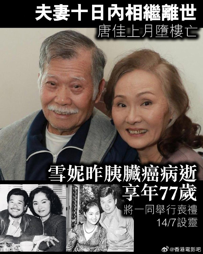 TVB演员雪妮病逝唐佳雪妮10日内相继去世 TVB资深演员雪妮病逝，享年77岁。