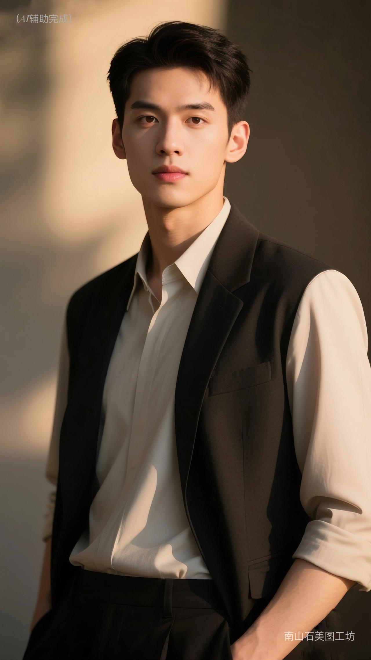 乌发利落梳，西装挺括裹身，内搭素净衬气场。眉骨英挺，眼神沉稳如炬，直视间阳刚漫溢