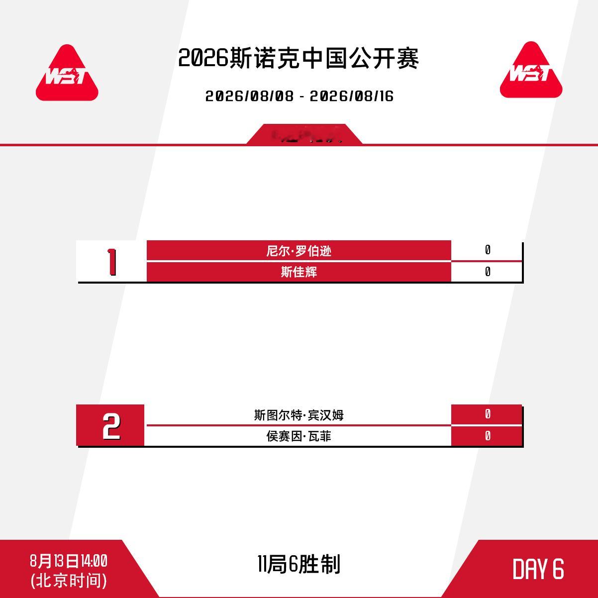 2026斯诺克中国公开赛 第六比赛日赛程安排如下：北京时间14:00，斯佳辉迎战