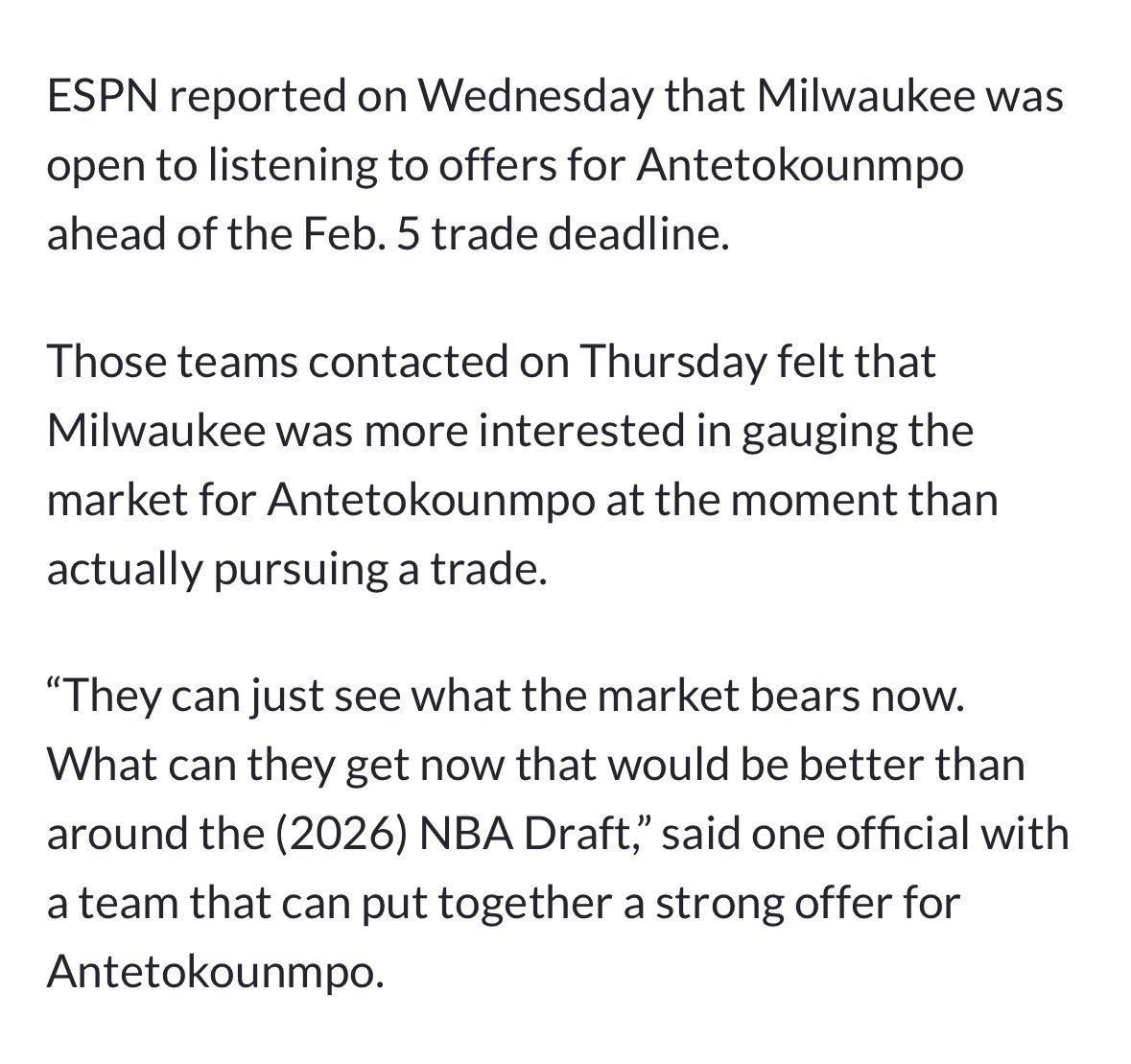 ▲ESPN:那些被联系过的球队认为，密尔沃基对评估字母哥的市场价值更感兴趣，而非