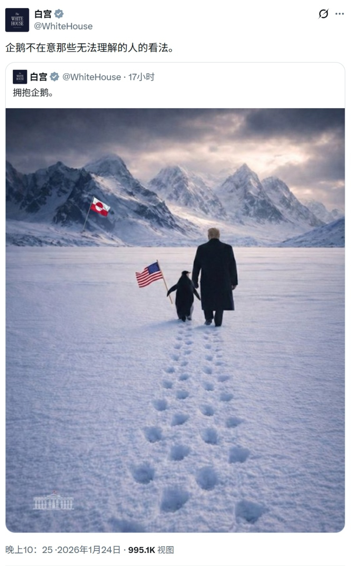 🔻企鹅：这你马也能赢？？？白宫晒特朗普格陵兰牵企鹅照翻车热点现场海外新鲜事