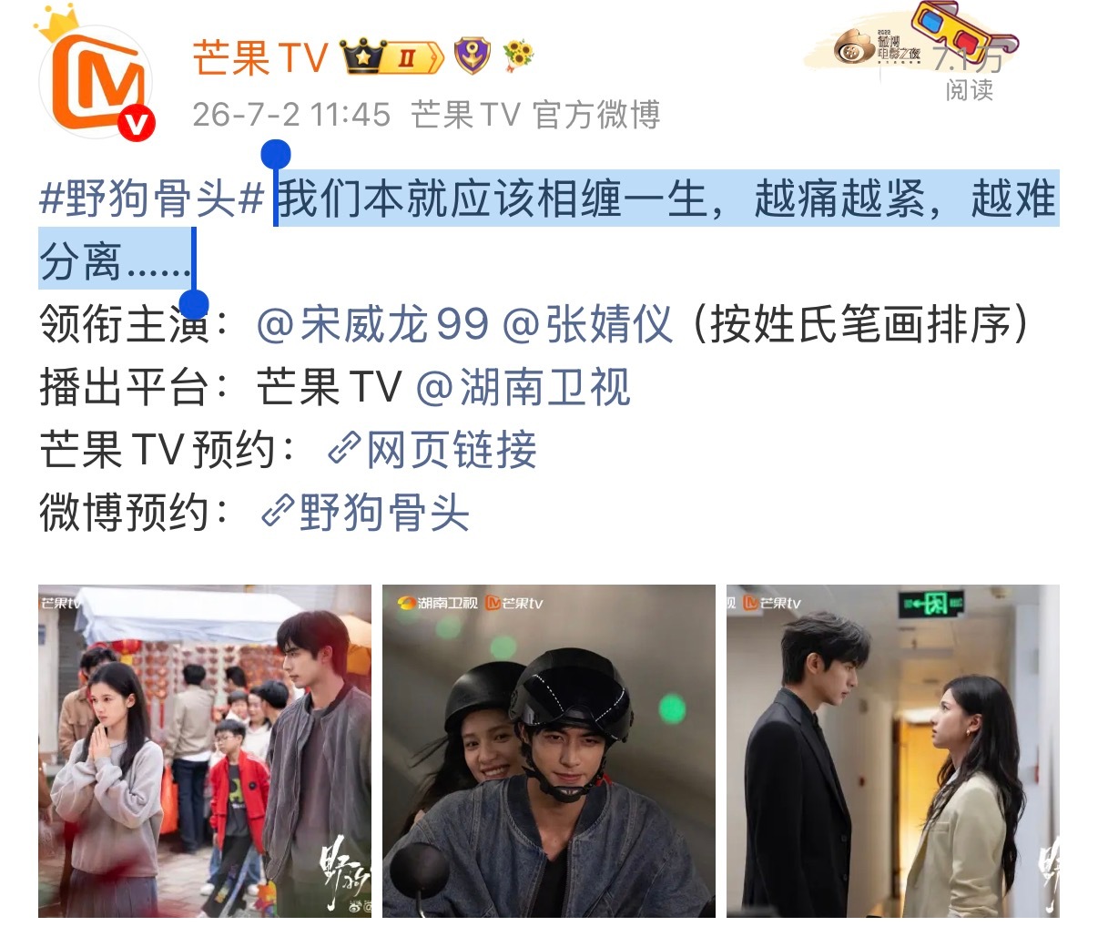 “相异到相依，你是我退潮的渡口；风雨到丰羽，我是漂向你的归舟。”芒果给野狗骨头写