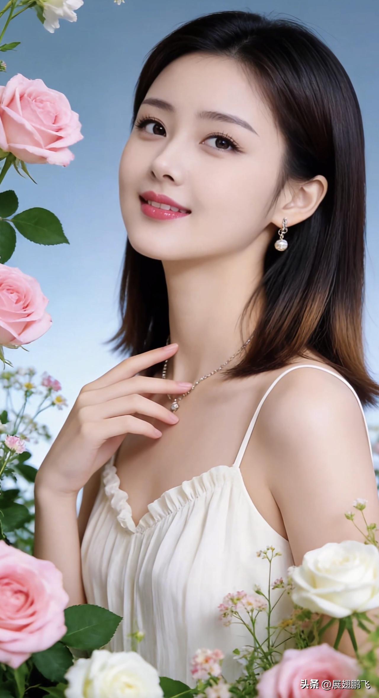 优雅白裙少女，玫瑰环绕，甜美微笑玫瑰红裙少女 温柔花裙少女 温柔白衣少女 湖边白