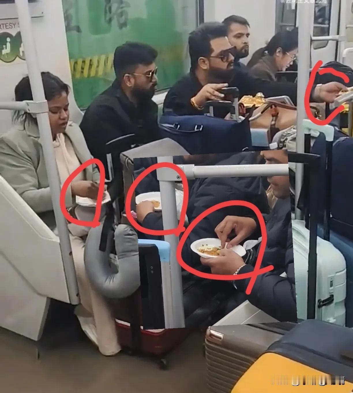 在上海地铁里，
一群印度人围坐一起吃手抓饭，
还互相喂饭，画面十分温馨，引发网友