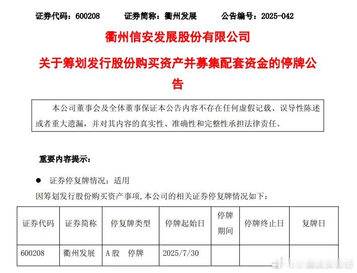 价值投资日志[超话] 衢州发展（600208）突然宣布正在筹划涉及公司的重大事项