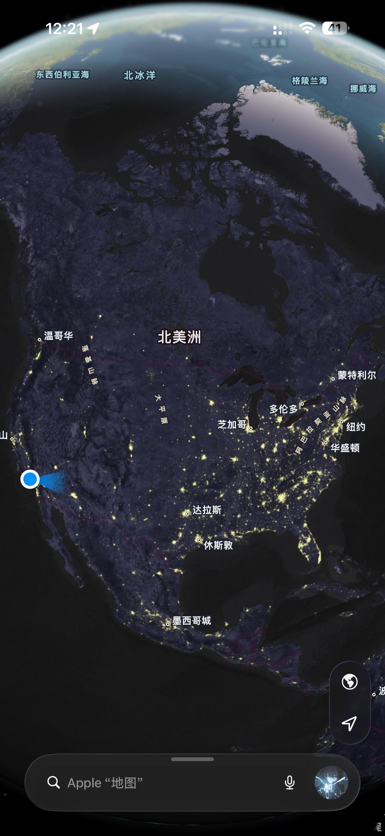 在苹果地图上看夜晚哪里灯光亮，欧洲多数都挺亮，亚洲中日韩，中国沿海、北京和大城市