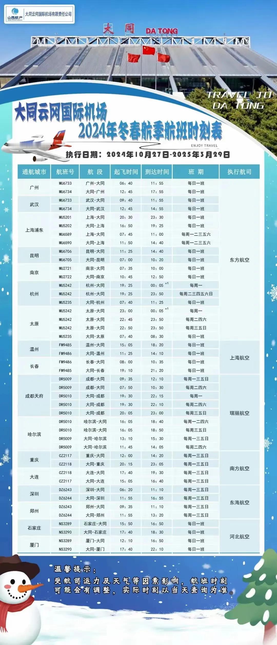 山西大同云冈机场冬春季航班时刻表来了请收藏！大同最著名的当然是云冈石窟，而且错峰