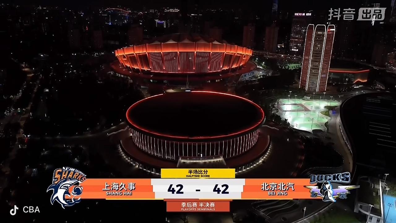 精彩的上半场比赛结束了！上海久事男篮和北京北汽男篮还是打成平手！

      