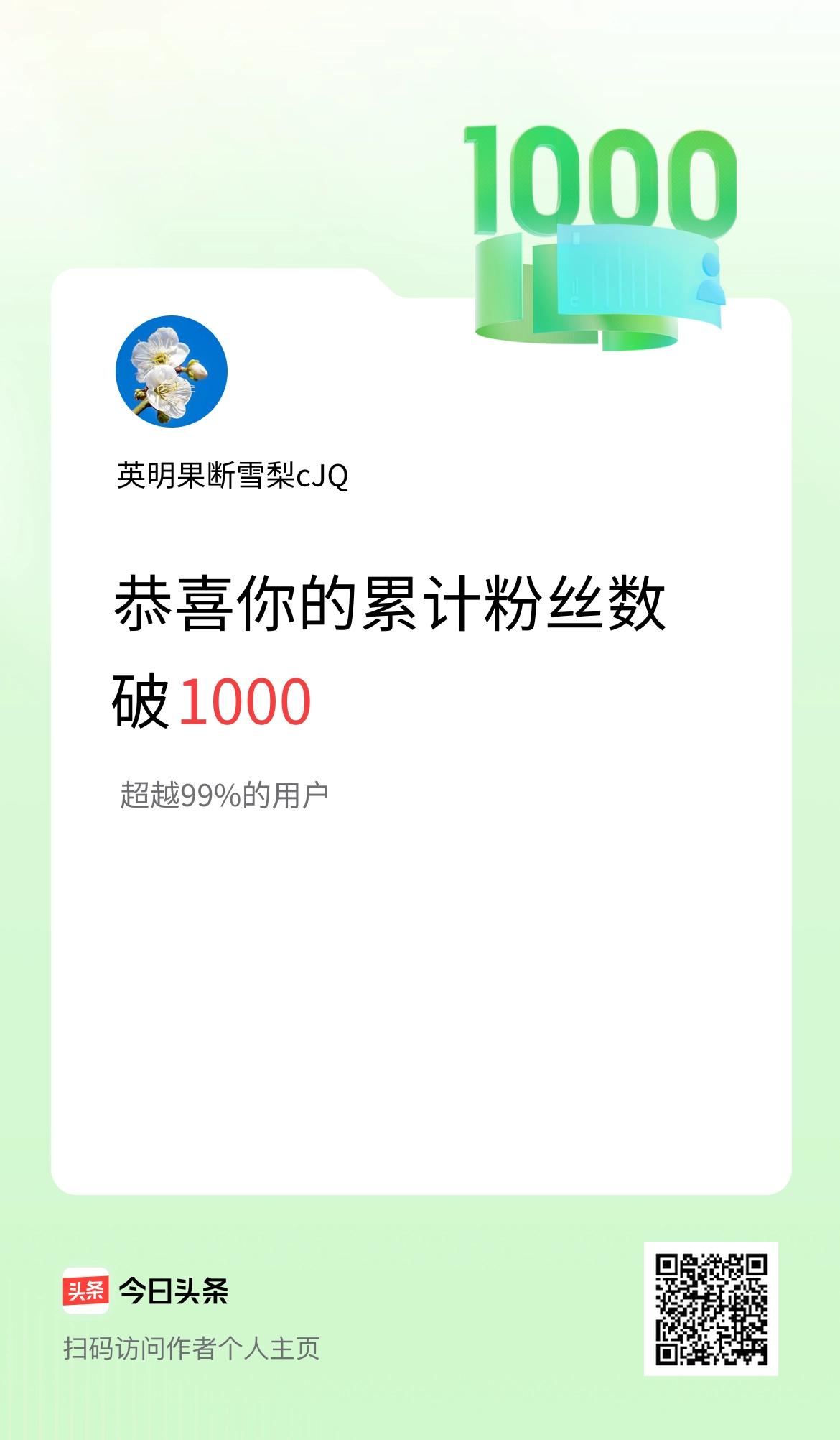 我在头条累计粉丝数破1000啦！
