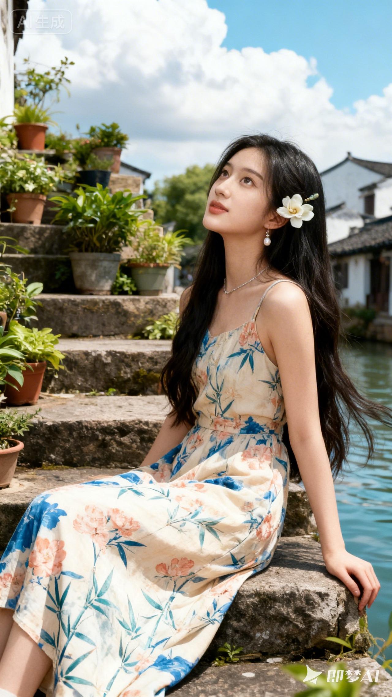 夏日清新，花裙飘飘，静坐水边，悠然自得。