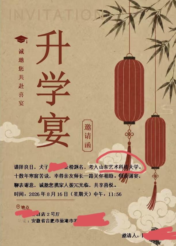 山东艺术科技大学？
  凡参加升学宴一般都是不问分数不问学校，只管送礼恭喜后埋
