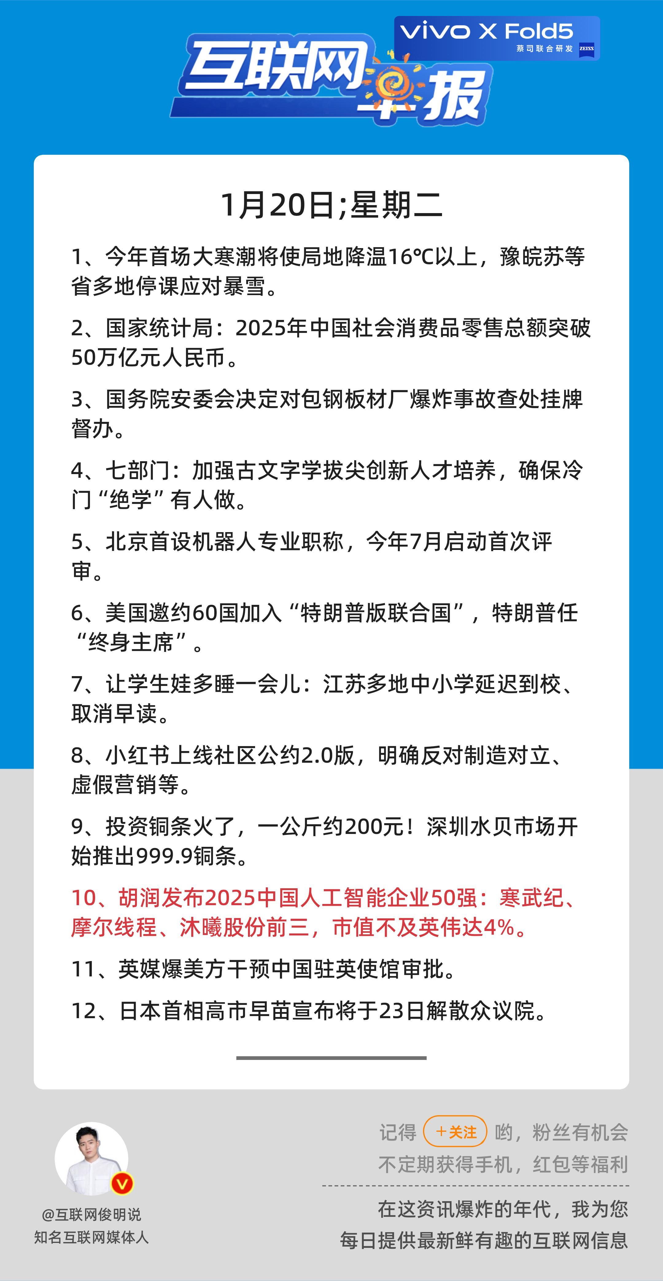 1月20日，星期二，《第3024期》；互联网早报，众览天下事关心第10条：胡润发