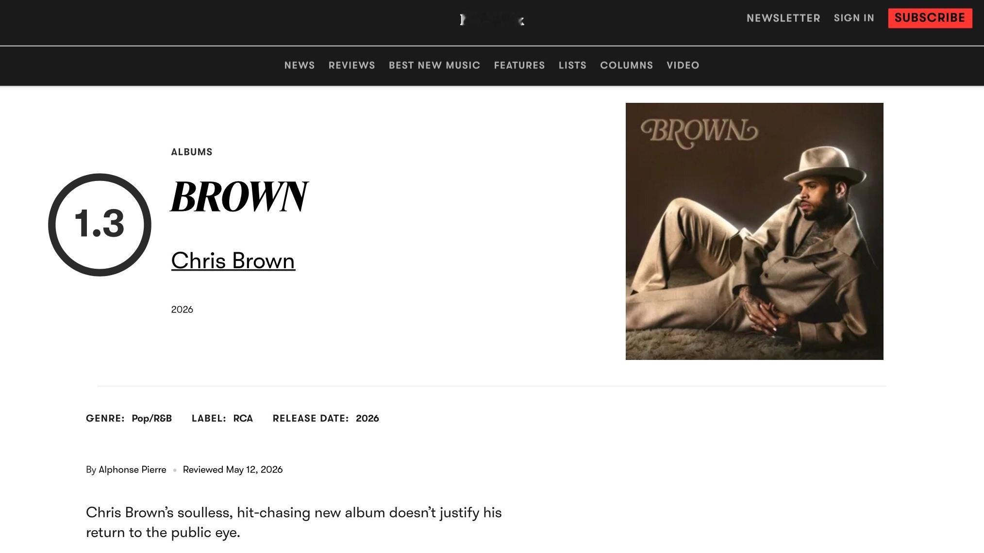 【乐评速递】Chris Brown 全新专辑『BROWN』获乐评机构 Pitch