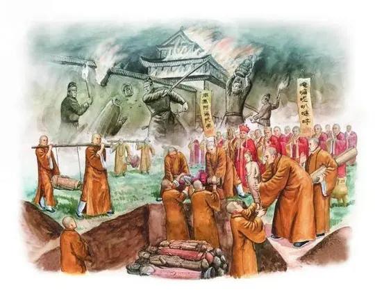 公元845年，唐武宗展开“灭佛运动”，拆毁4600多座寺院，勒令26.5万僧尼还
