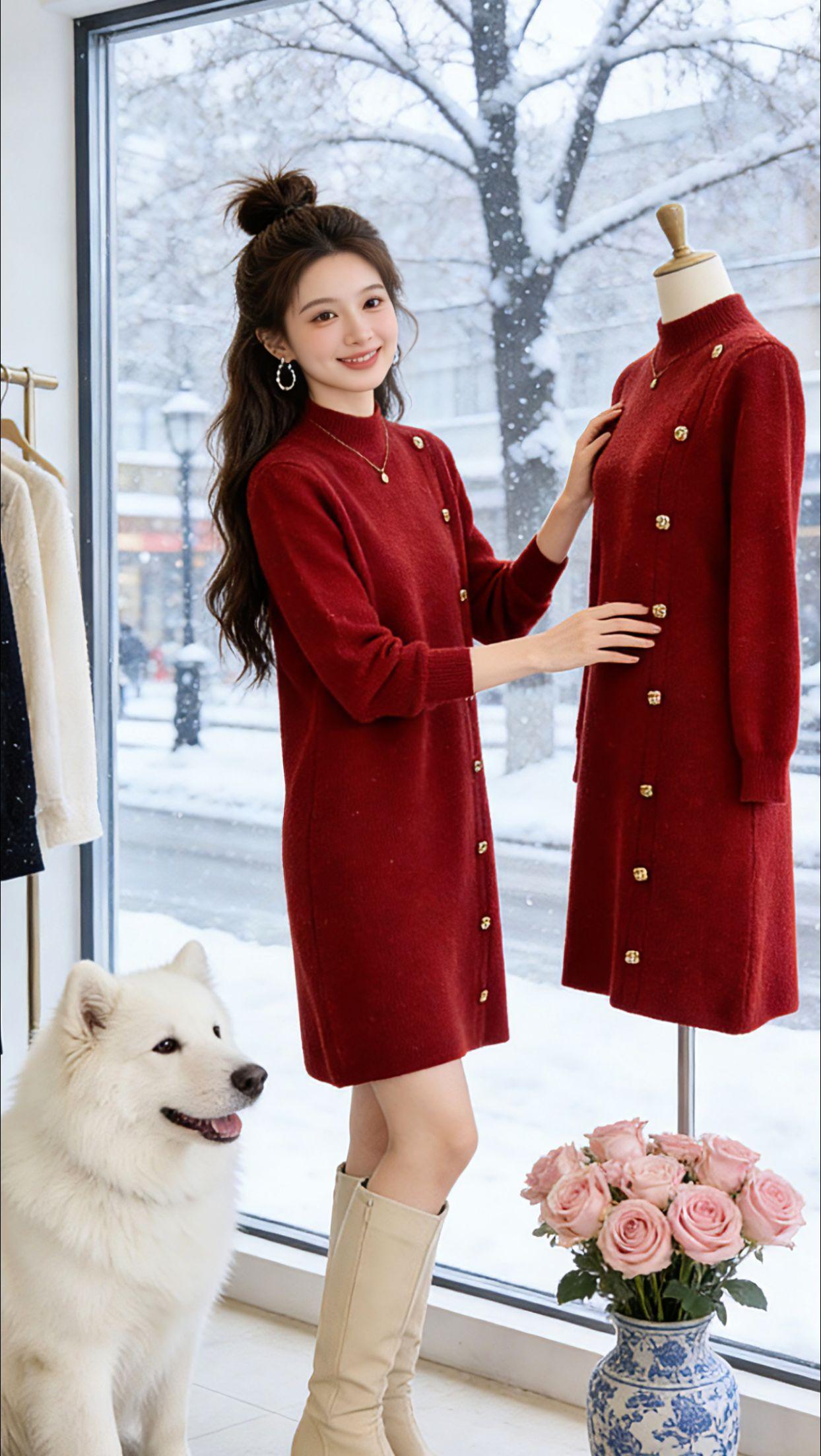 降温的周末，Danny换上这件红色针织裙出门赴约。软糯加厚的面料暖乎乎的，侧边金