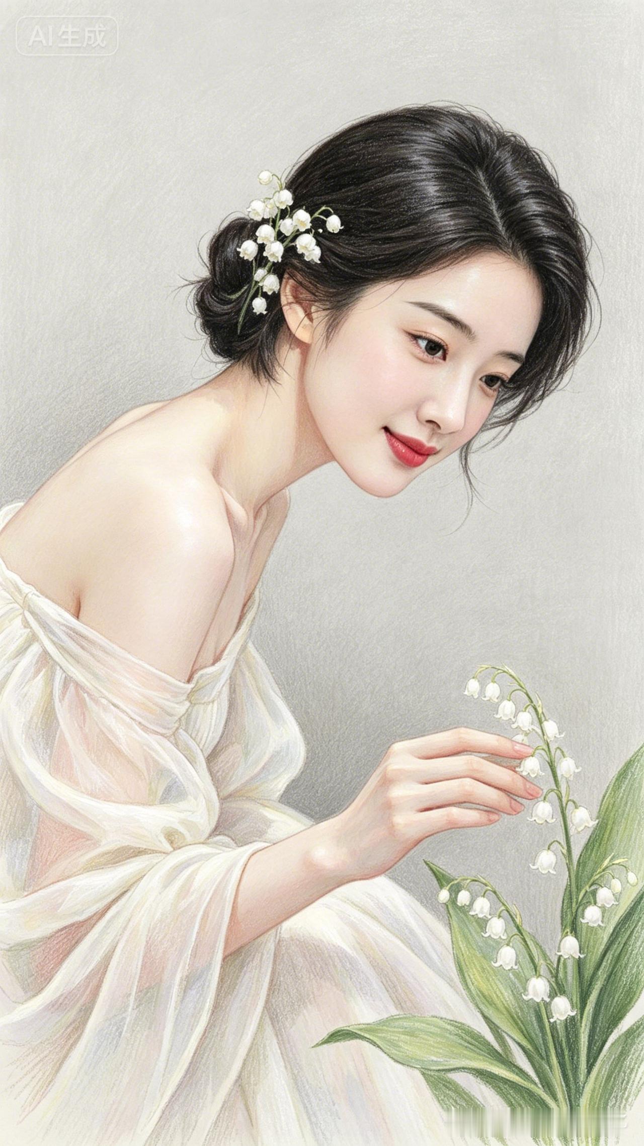 清瘦瓜子脸佳人，乌发偏右低挽发髻，右耳缀白铃兰。莹润白皮，长眉亮眸配粉眼影黑眼线