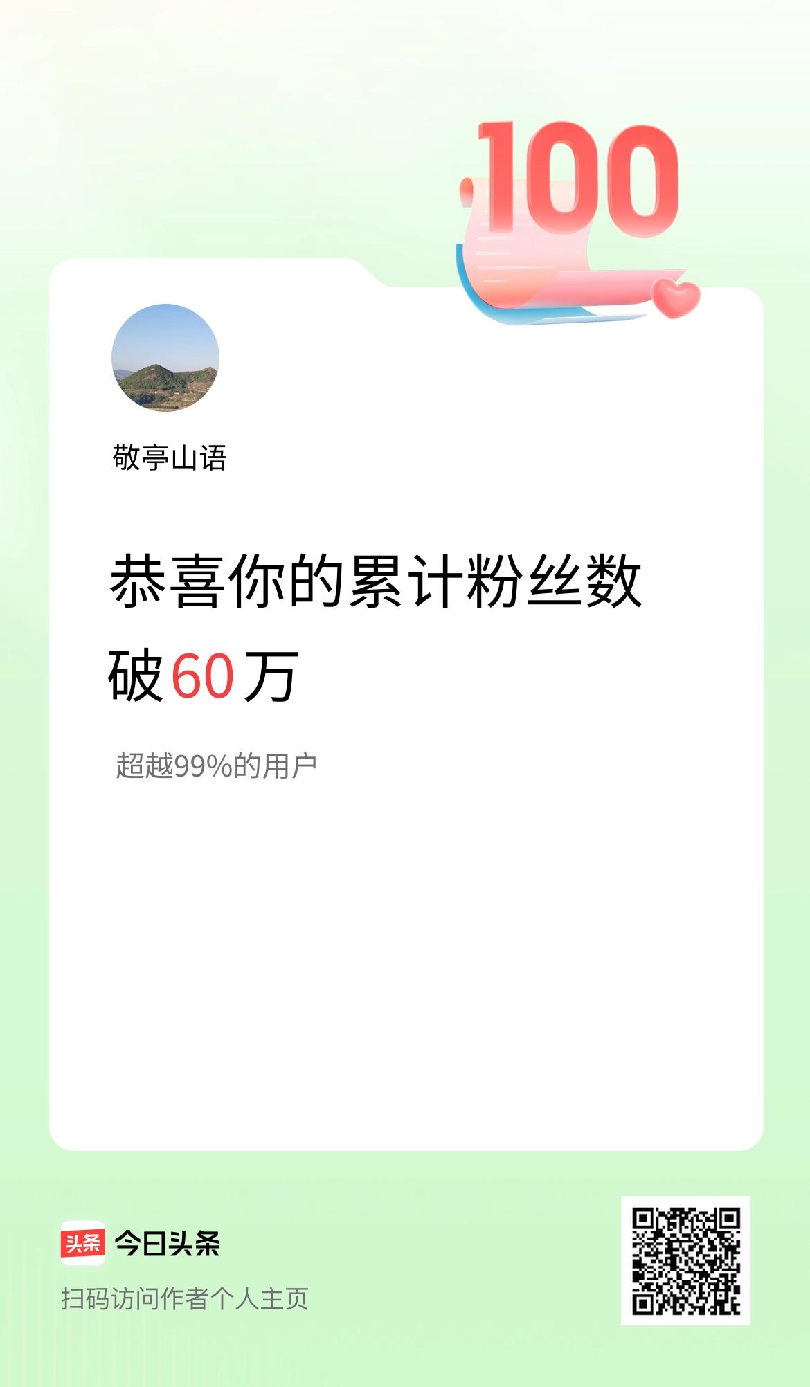 我在头条累计粉丝数破60万啦！