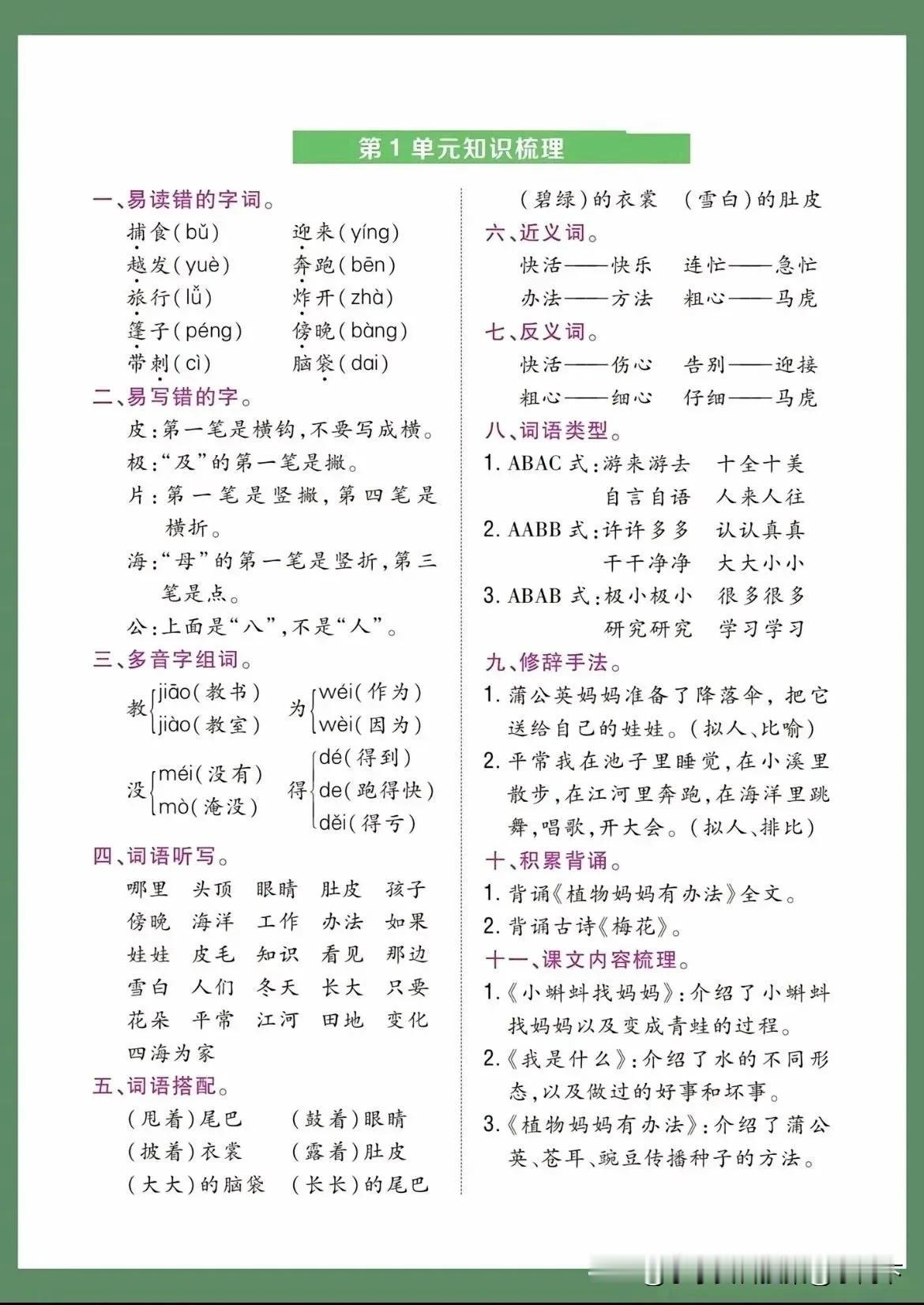 【直接打印】丨统编版语文二年级（上）期末复习知识点汇总（一）三年级语文习题 四上