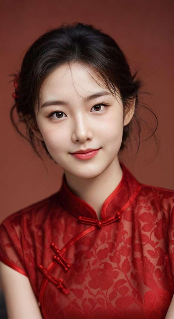 AI扩图 AI红裙浅笑