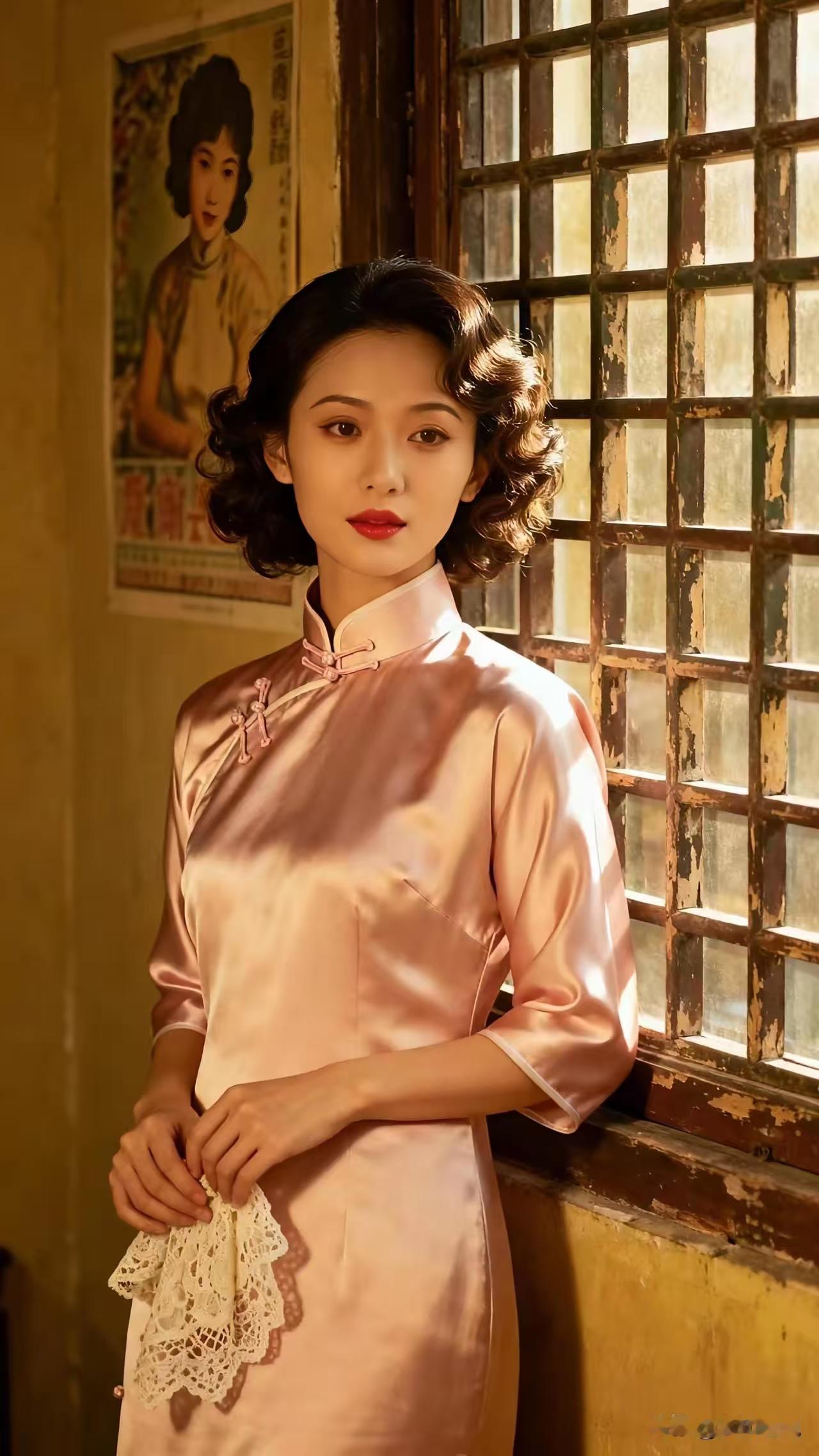 清江引·窗畔粉绸旗袍
窗棂老旧漆痕褪，
日熨绸衣媚。
盘扣系旧风，
卷发留余味。