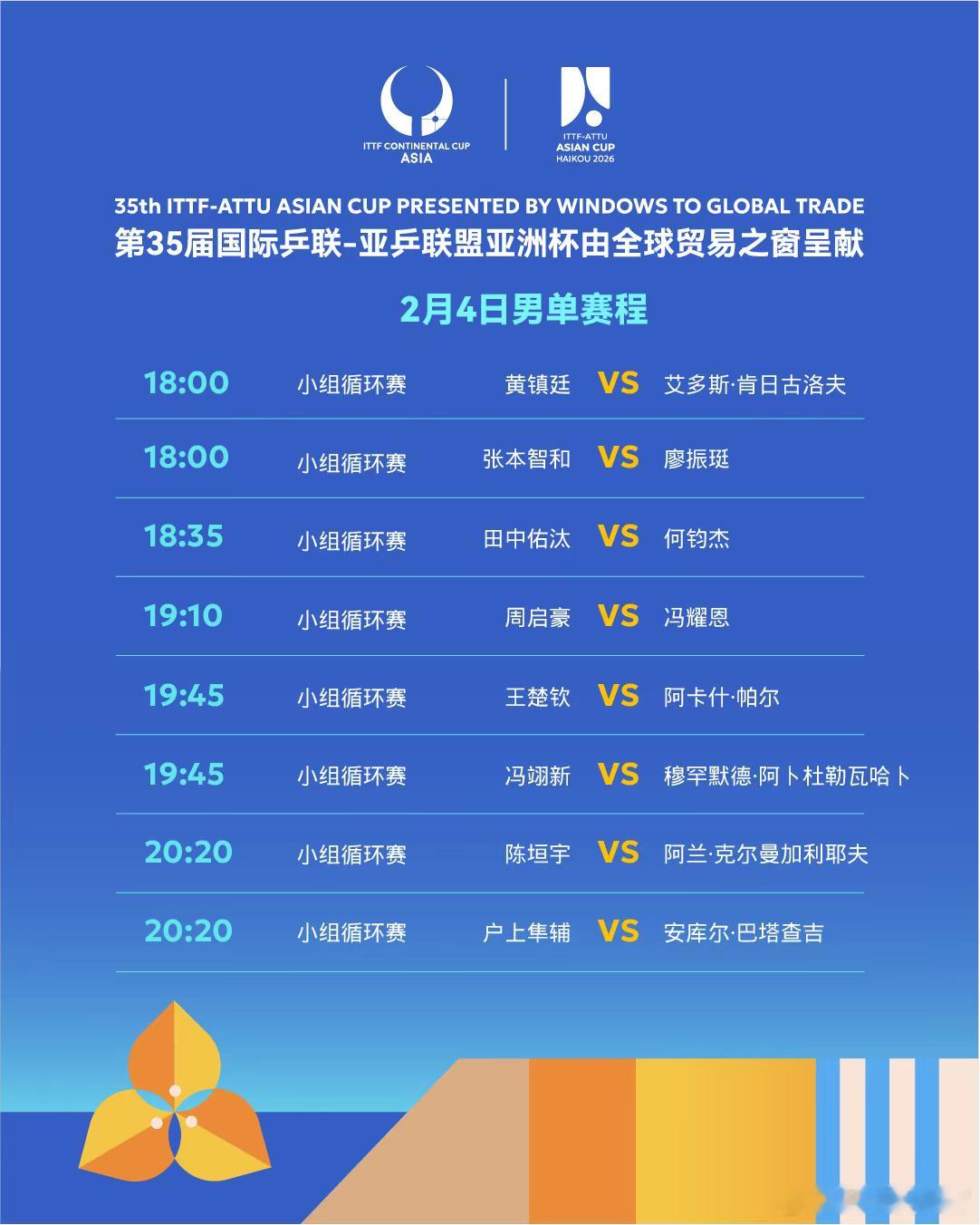2026海口亚洲杯 2月4日男女单打赛程。中国乒乓球梦之队