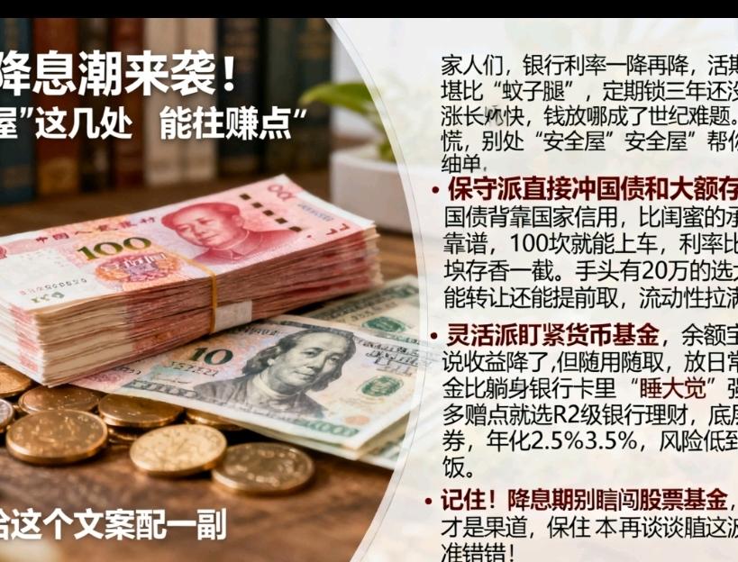 降息潮来袭！钱别瞎折腾，这几处“安全屋”保住本金还能赚点
 
家人们，银行利率一