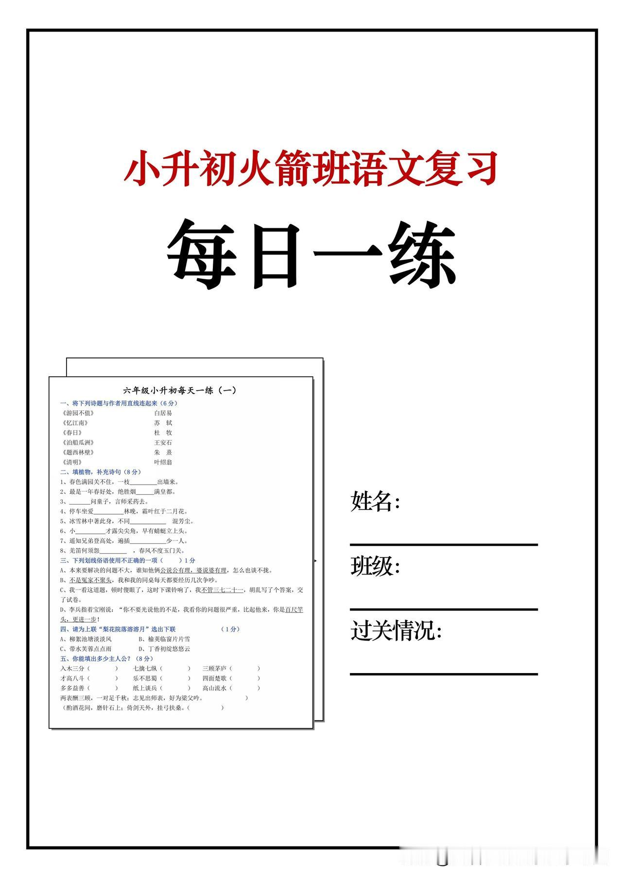 六下火箭班统一发的，小升初语文每日一练