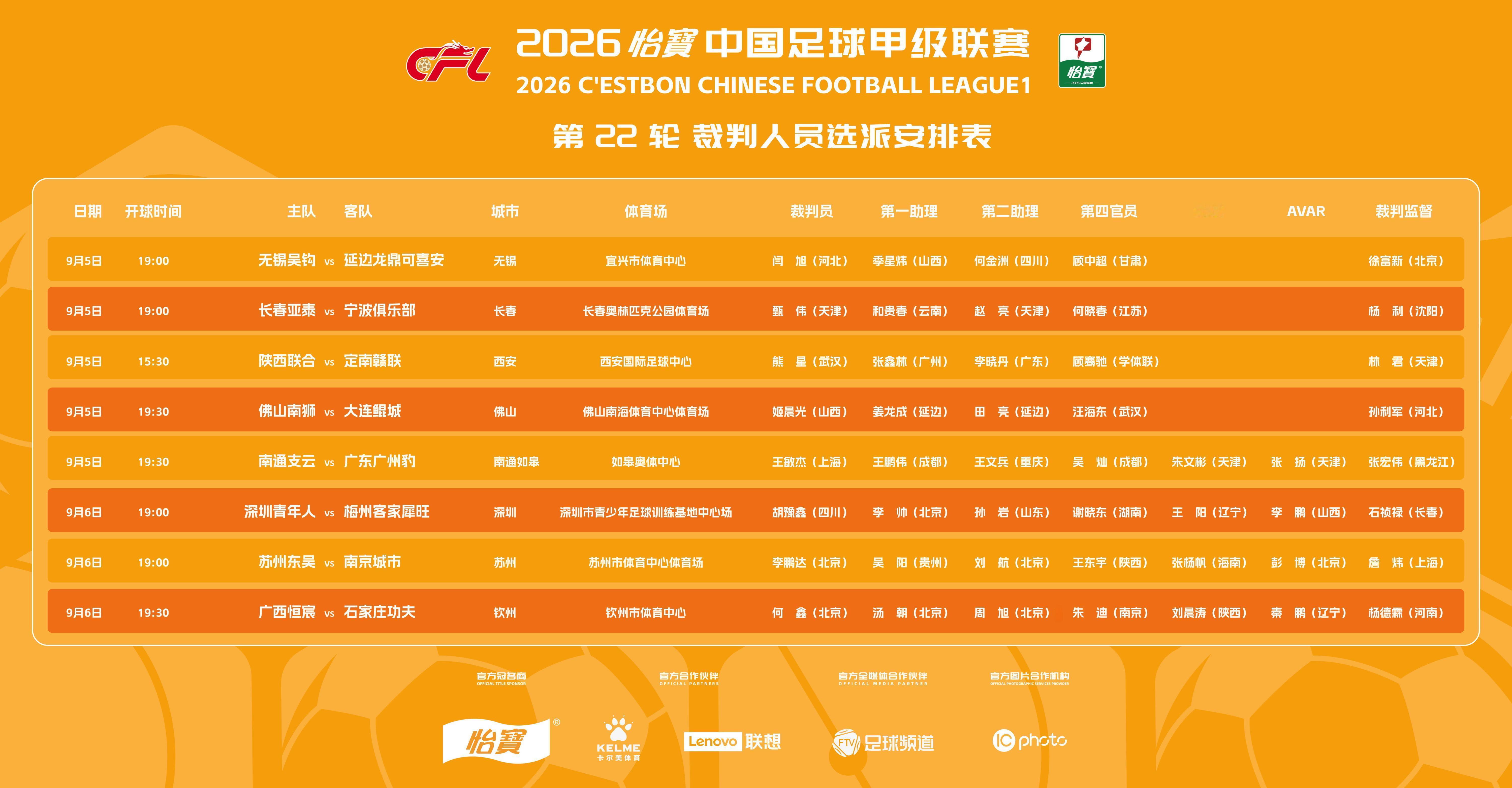 2026怡宝中甲联赛第22轮裁判选派结果公布，具体安排如下：一起登场 中甲联赛 
