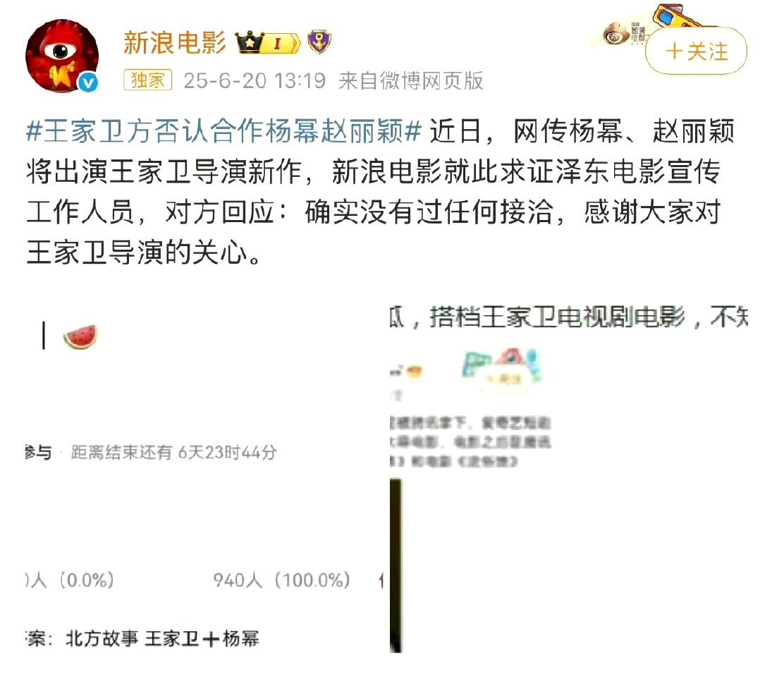 王家卫方否认合作杨幂赵丽颖。 ​​​