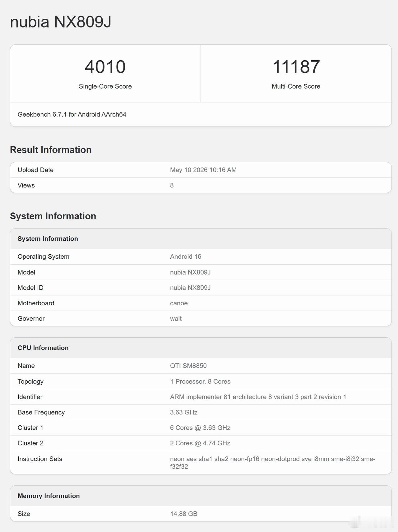 近日，红魔11S Pro+ Geekbench 6跑分数据正式曝光，单核4010