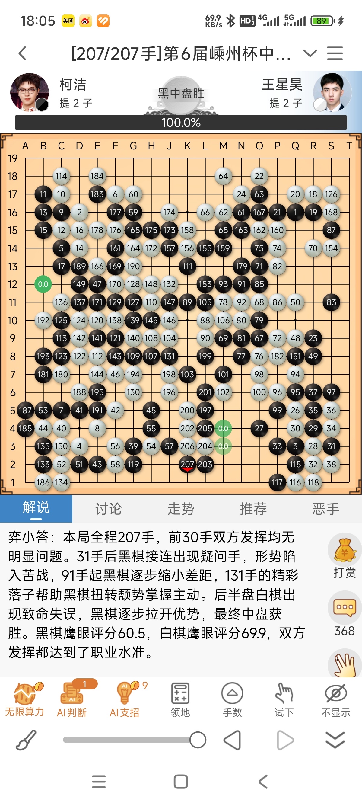 柯九KJ王中王围棋争霸赛赛果发布 柯洁九段执黑207手中盘胜王星昊九段。恭喜柯柯