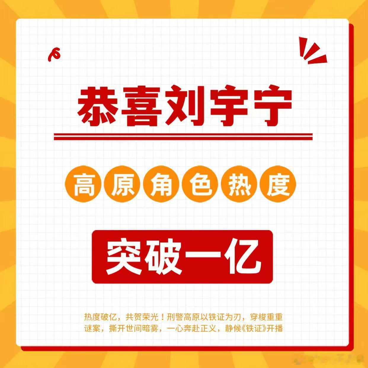 🎊刘宇宁·高原角色热度破亿！刘宇宁 。刘宇宁铁证 。刘宇宁高原 。刘宇宁高原角